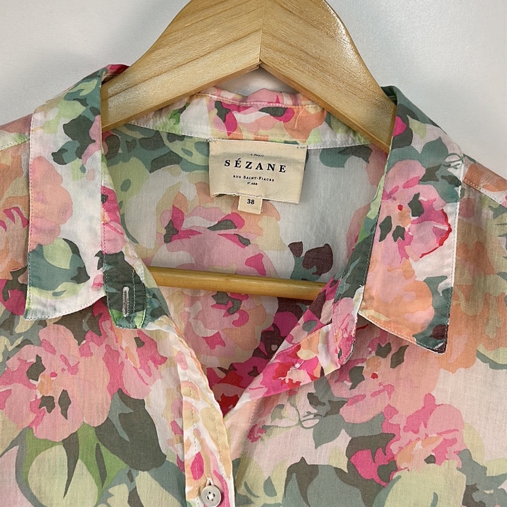 Sezane Pierro Floral Button-Up Blouse in Pink and Green - Picture 7 of 10